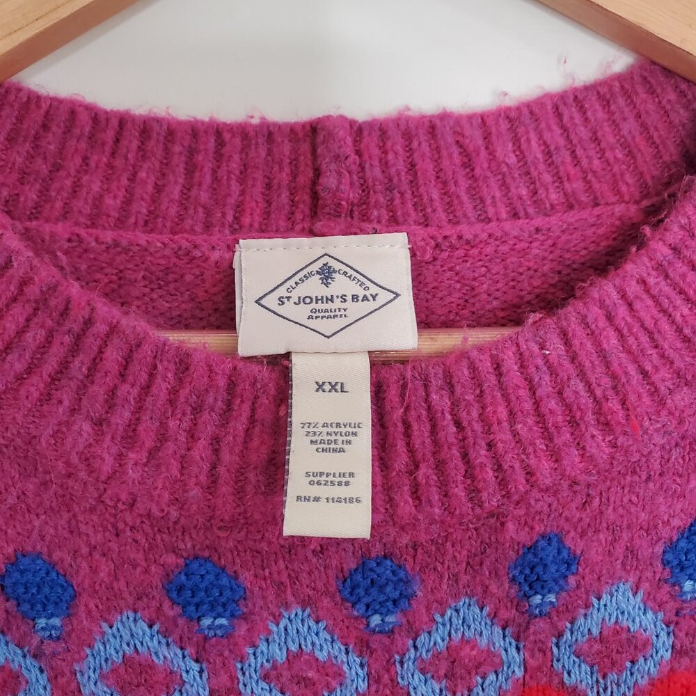 Women's St. John's Bay Crewneck Sweater Pink Festival FairIsle Print XXL - Picture 2 of 6